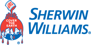 A green background with blue letters that say sherwin williams.